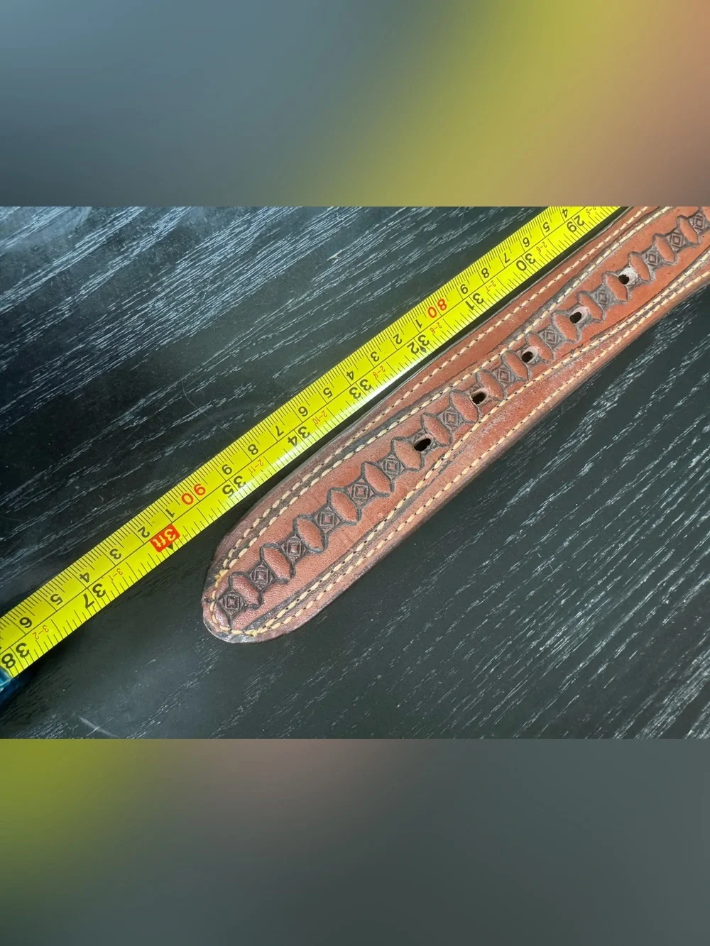 Vintage 1977 Wood Brown Cowhide Leather Men’s Belt with Ship Laser Craft Size 32